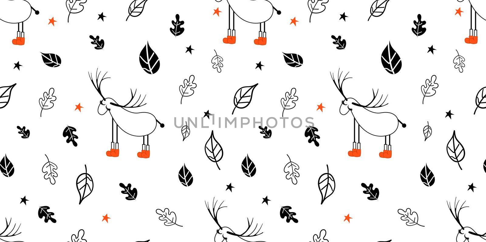 Seamless light pattern with deers and trees. Scandinavian style drawing. Linear art. Black-white illustration. Hello winter.. by annatarankova