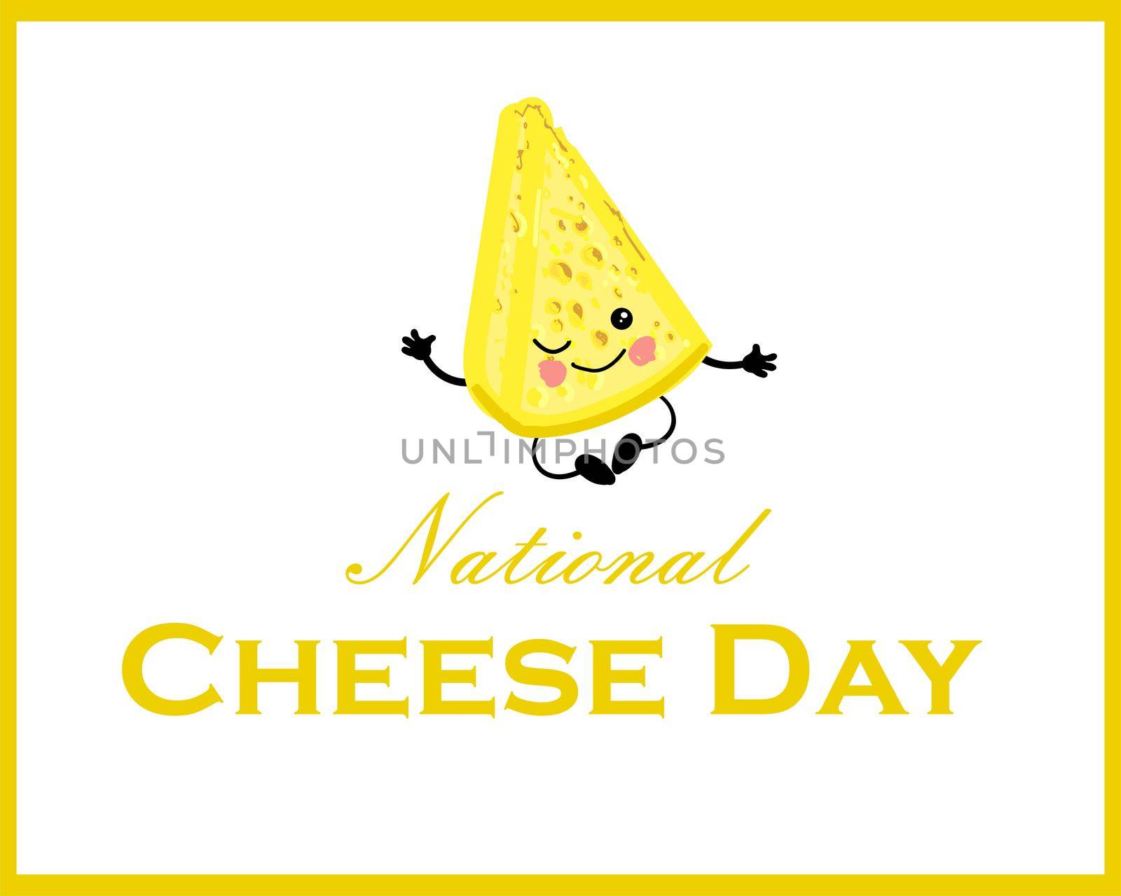 Horizontal banner. Postcard to the day of cheese. Cute cheesy character on a white background.