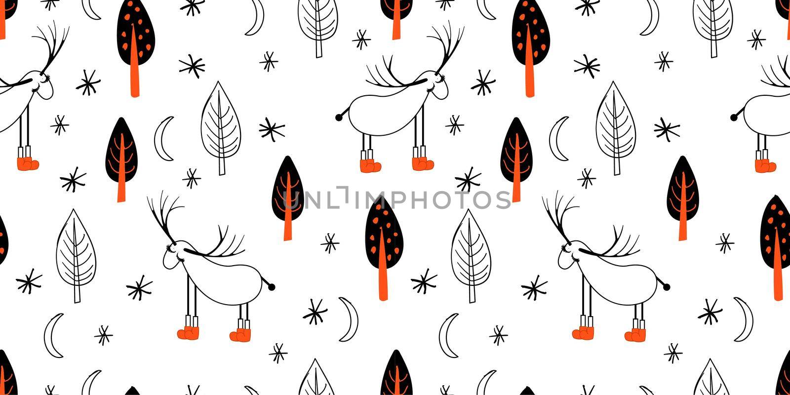 Seamless light pattern with deers and trees. Scandinavian style drawing. Linear art. Black-white illustration. Hello winter.