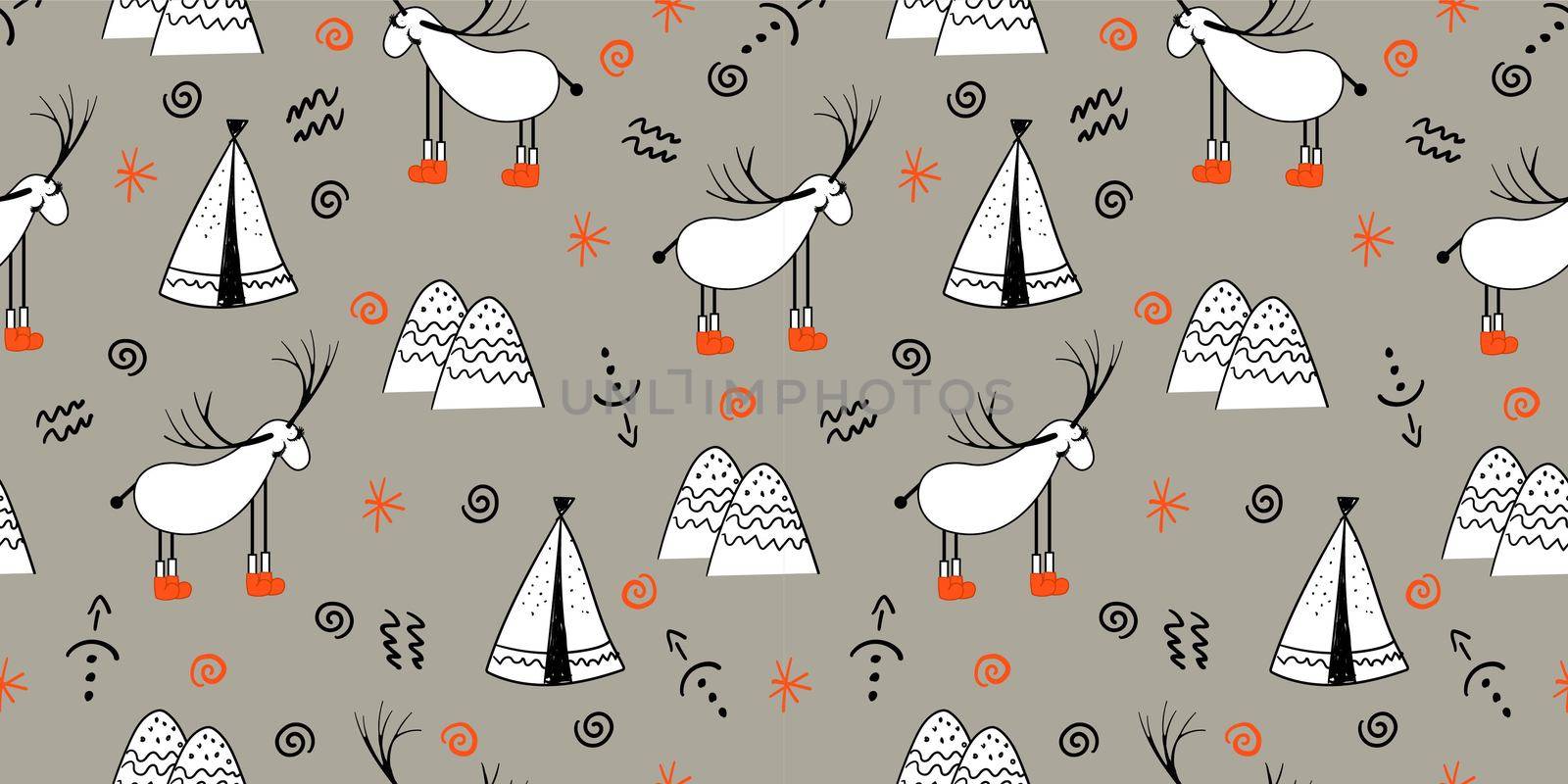 Reindeer. An animal with horns. Illustration in folk style. Stylized mountains. Scandinavian print. Seamless pattern for kids.