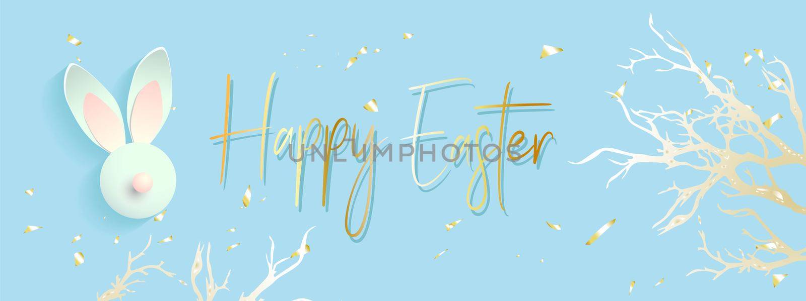 Easter banner background template with beautiful colorful spring rabbits. illustration. Easter background with realistic objects, golden metal confetti, decorative branch. Spring traditional de. by annatarankova