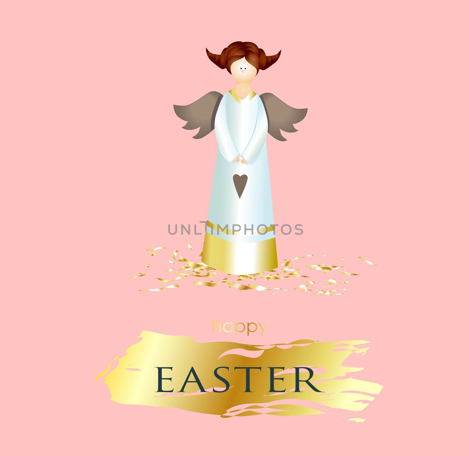 Easter banner. square poster, postcard, background with text happy easter. Angel on a pink background. elegant. Gold brush stroke. Design with realistic objects. Christian religion. Spring.