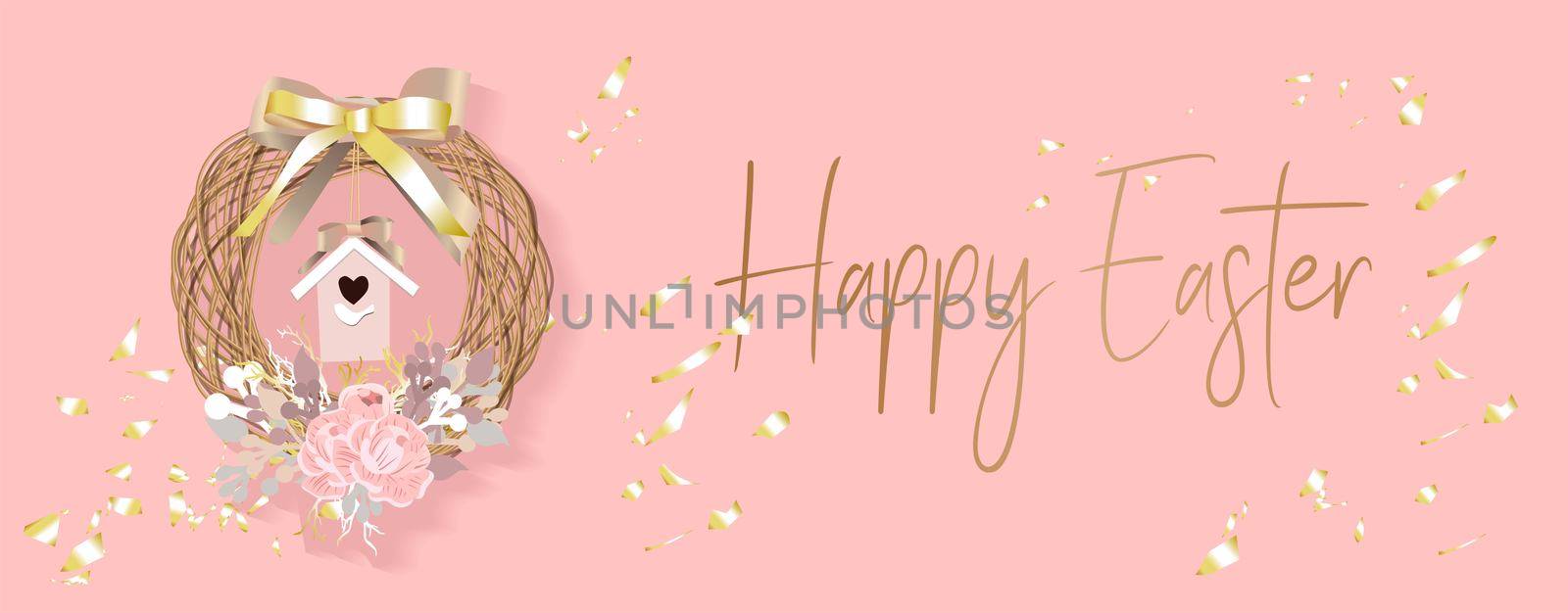 Easter banner. Background design of realistic birdhouse for birds, golden confetti and a wreath of glitter branches, delicate flowers, baubles. Horizontal easter poster, postcard, website headers. Pin