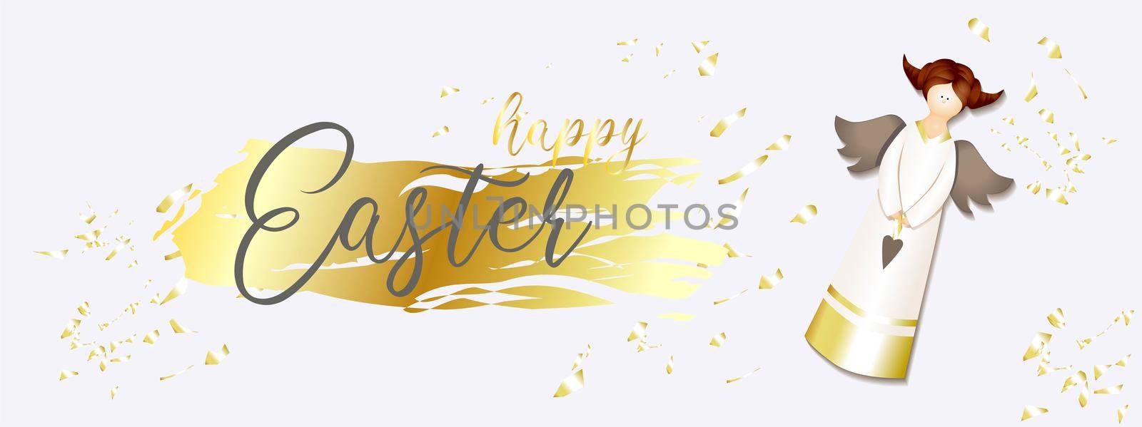 Easter banner. Horizontal poster, postcard, website headers, background with text happy easter. Angel on a light background. elegant. Gold brush stroke. Design with realistic objects.