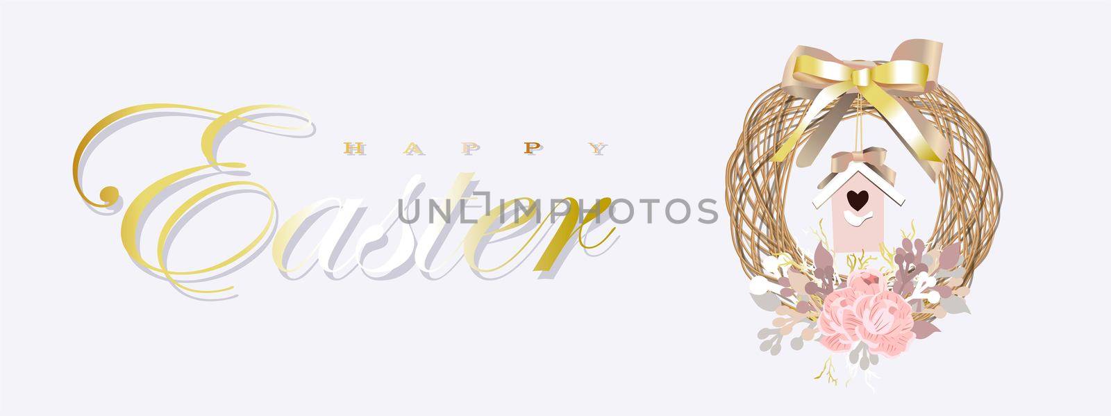 Easter banner. horizontal poster, postcard, background with text Happy Easter. Spring wreath on a gray background. elegant. Gold ribbons and confetti. Design with realistic objects. Christian religion. by annatarankova