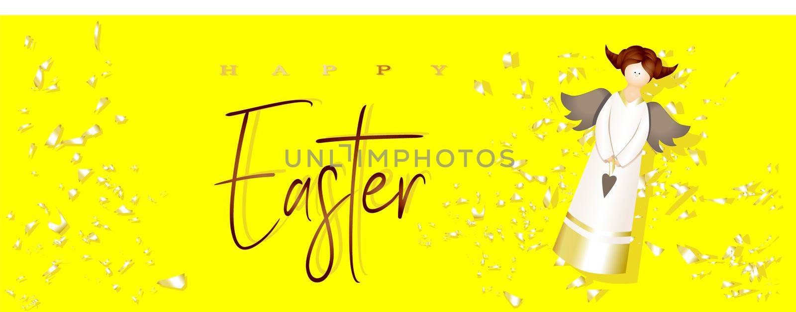 Easter poster and banner template with angel on a bright yellow background. Congratulations and gifts for Easter. Promotion and shopping template. Golden Confetti. Modern design