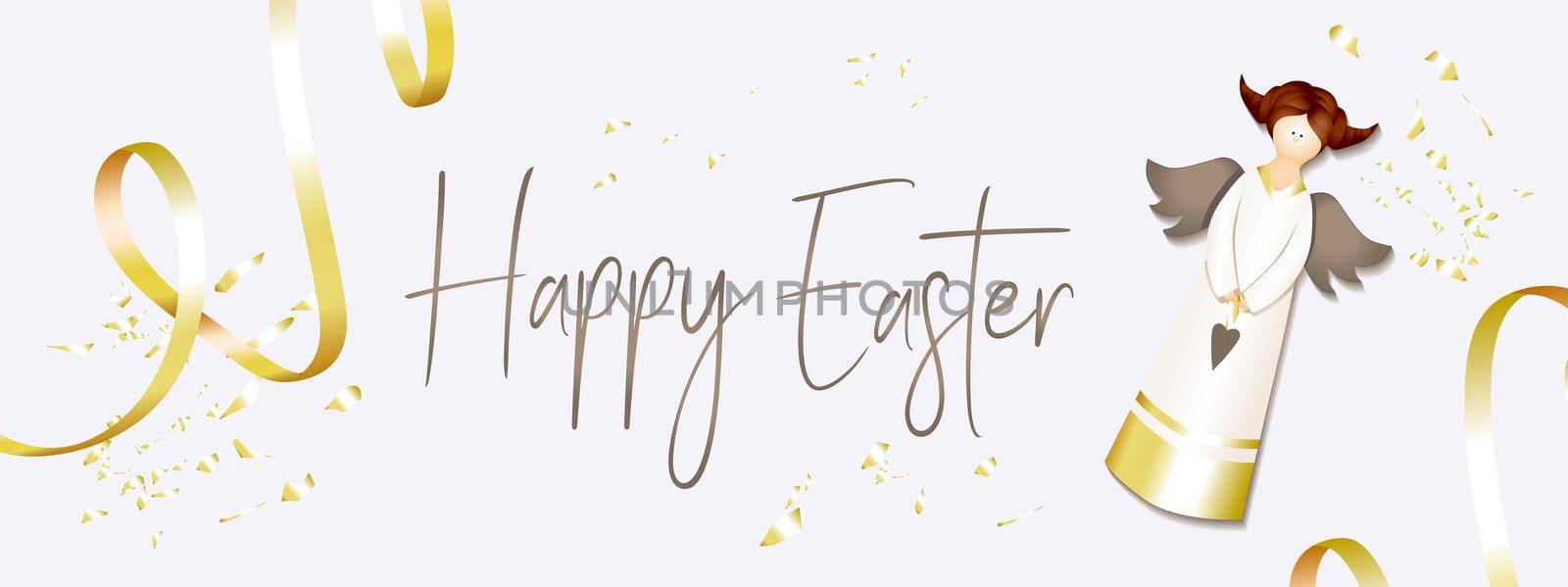 Easter banner. Horizontal poster, postcard, website headers, background with text happy easter. Angel on a light background. Elegant Design with realistic objects..