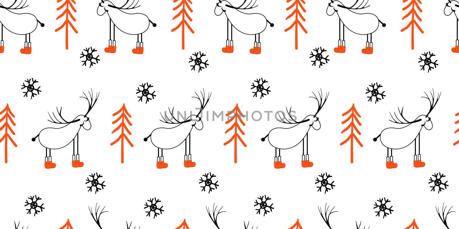 Seamless light pattern with deers and trees. Scandinavian style drawing. Linear art. Black-white illustration. Hello winter.