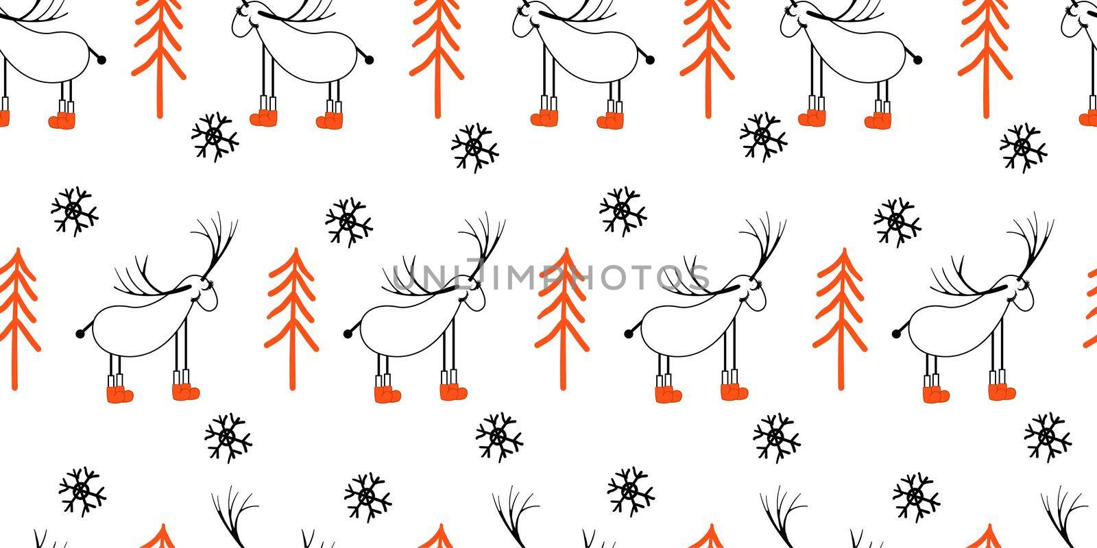 Seamless light pattern with deers and trees. Scandinavian style drawing. Linear art. Black-white illustration. Hello winter.