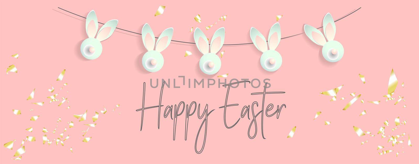 Easter background. Festive design composition top view. bunnies. Golden confetti decoration, garland with rabbits .. Happy Easter. Horizontal banner, postcard, flyer. Greeting card. Pink tender spring. by annatarankova