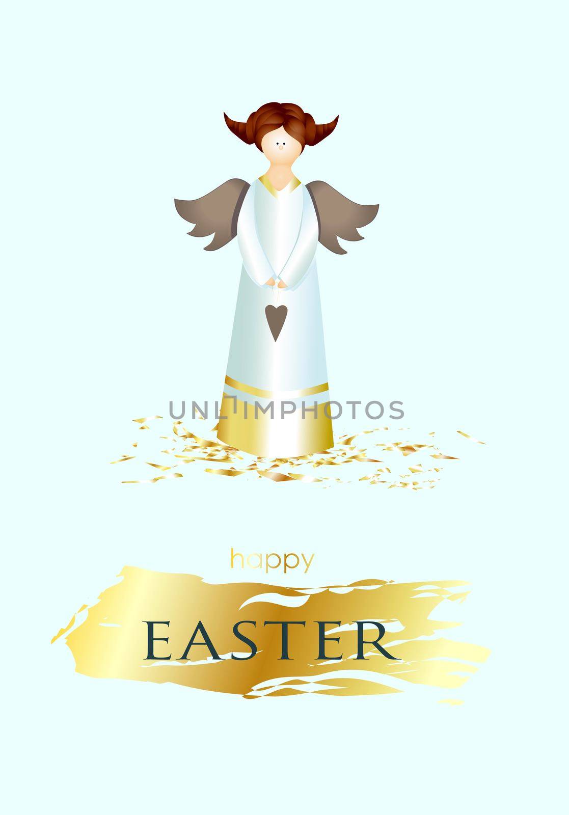 Easter banner. Vertical poster, postcard, background with text Happy Easter. Angel on a light background. elegant. Gold brush stroke. Design with realistic objects. Christian religion. Spring.