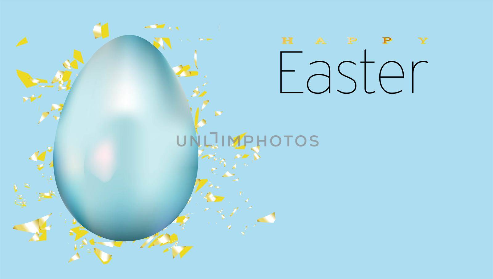 Easter banner. Horizontal poster, postcard, website headers, background with text happy easter. Chicken egg on a blue background. Elegant Design with realistic objects..