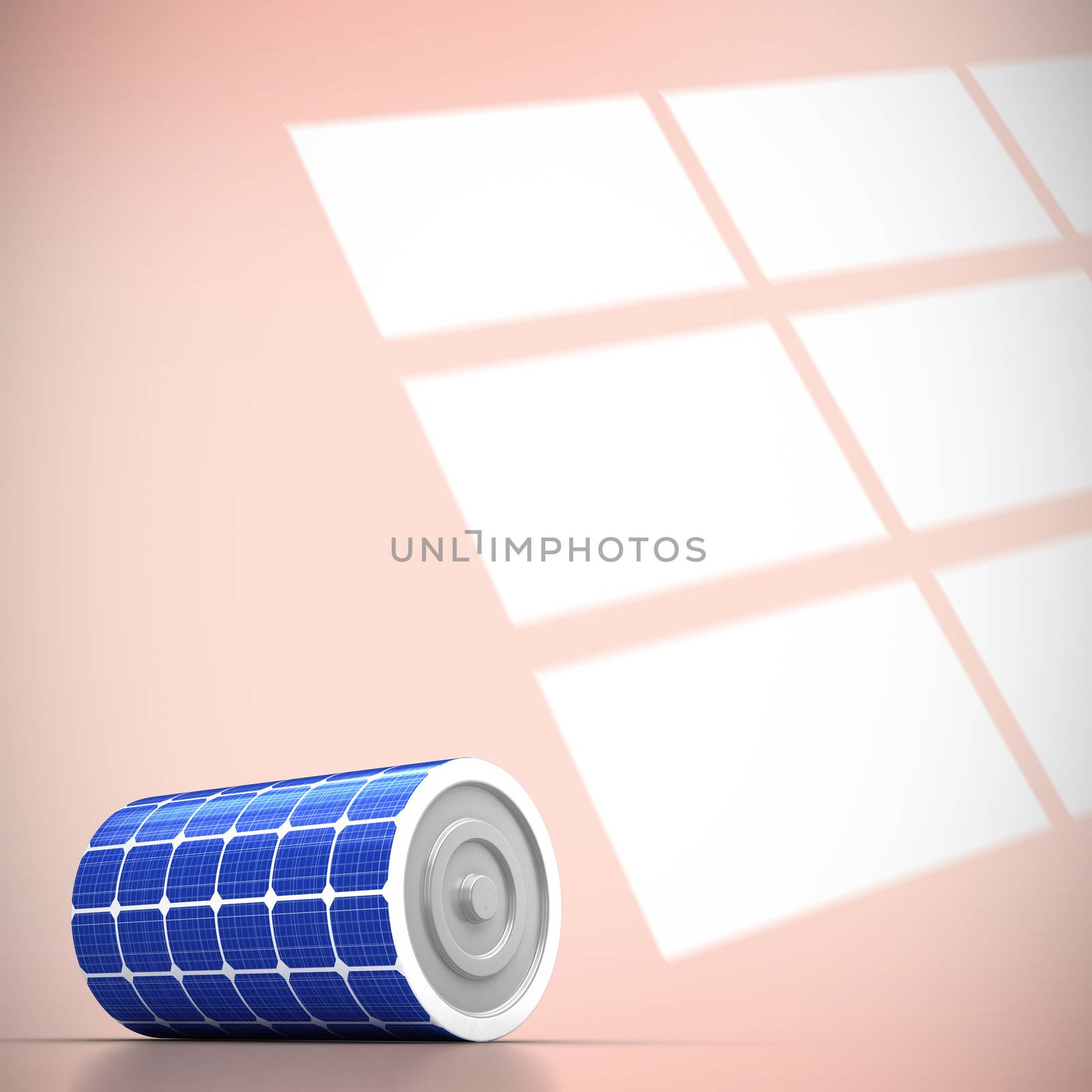 3d image of blue solar battery against squares on orange background