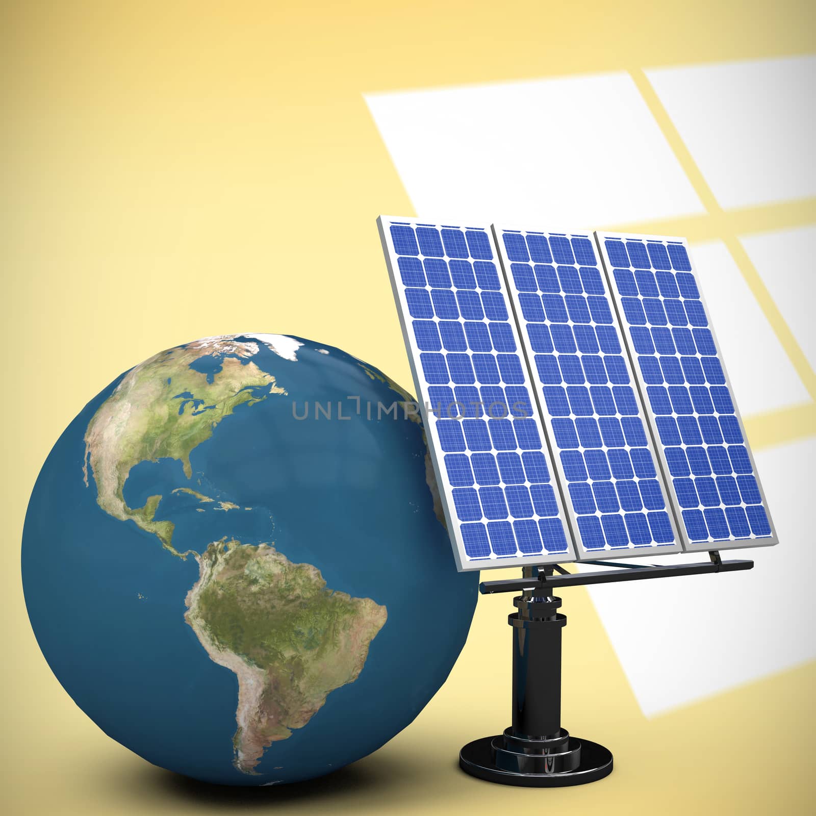 3d image of globe with solar equipment against white squares on yellow background
