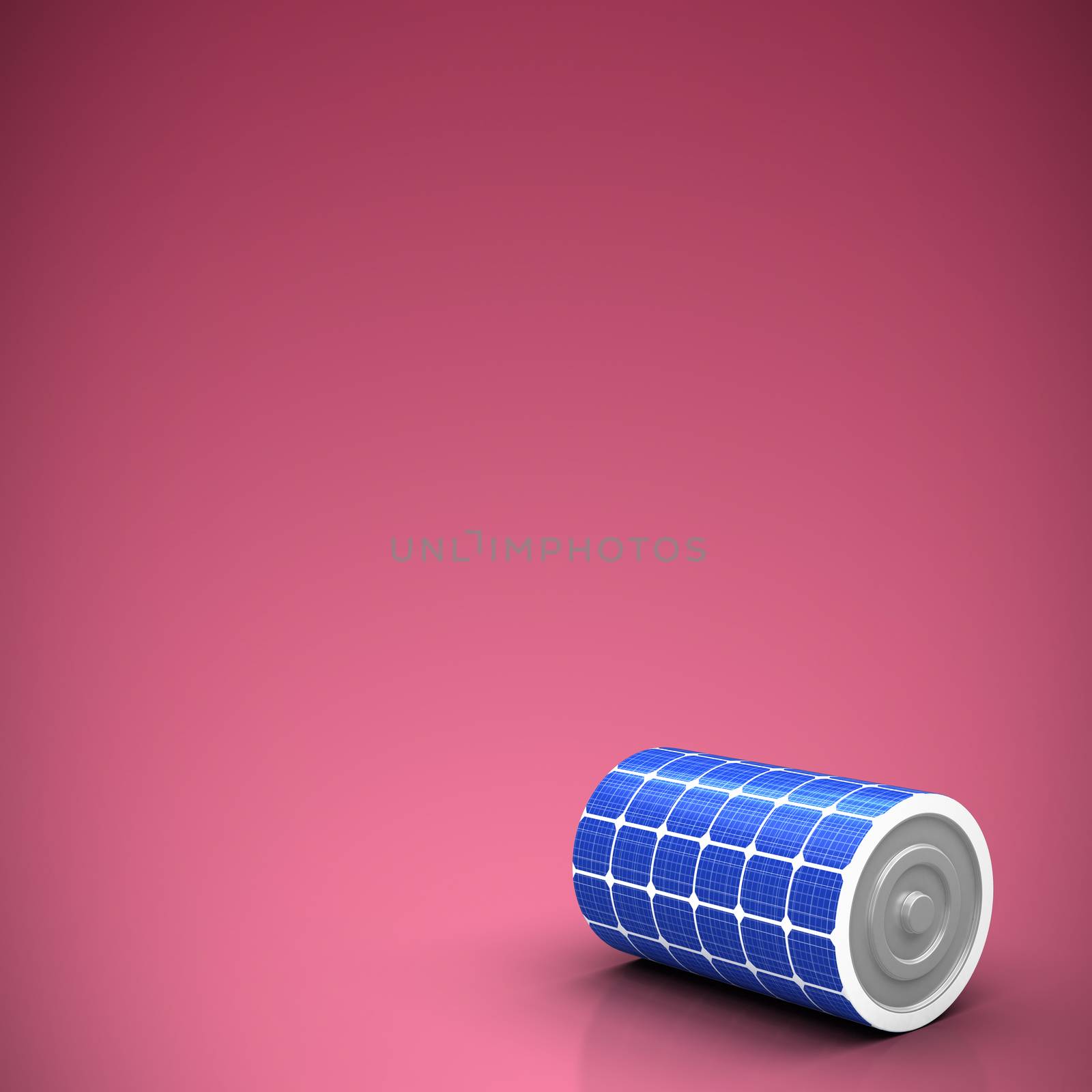 High angle view of 3d solar battery against red and white background