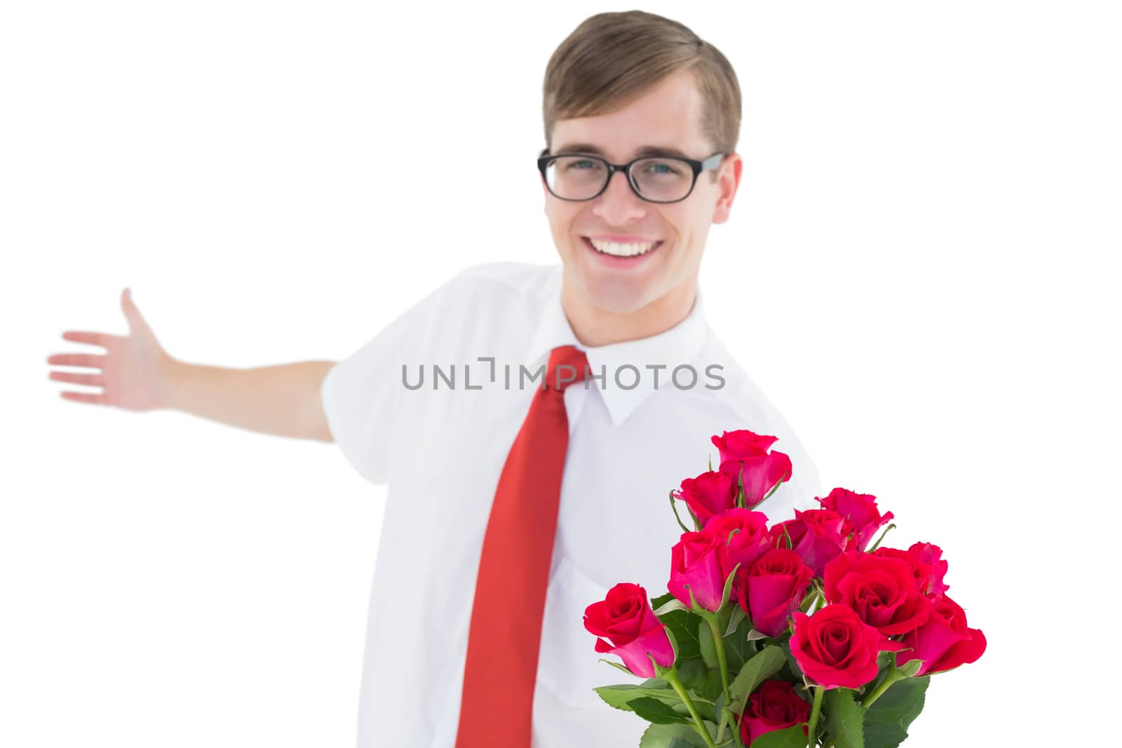 Nerdy hipster offering bouquet of roses on white background