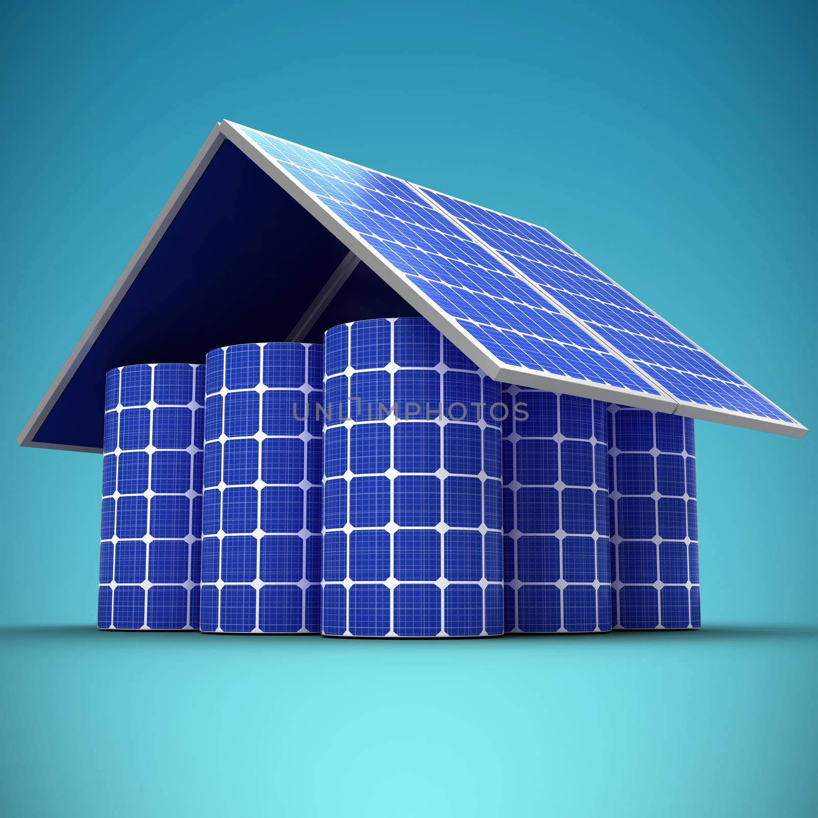 3d image of house made from solar panels and cells against blue vignette background