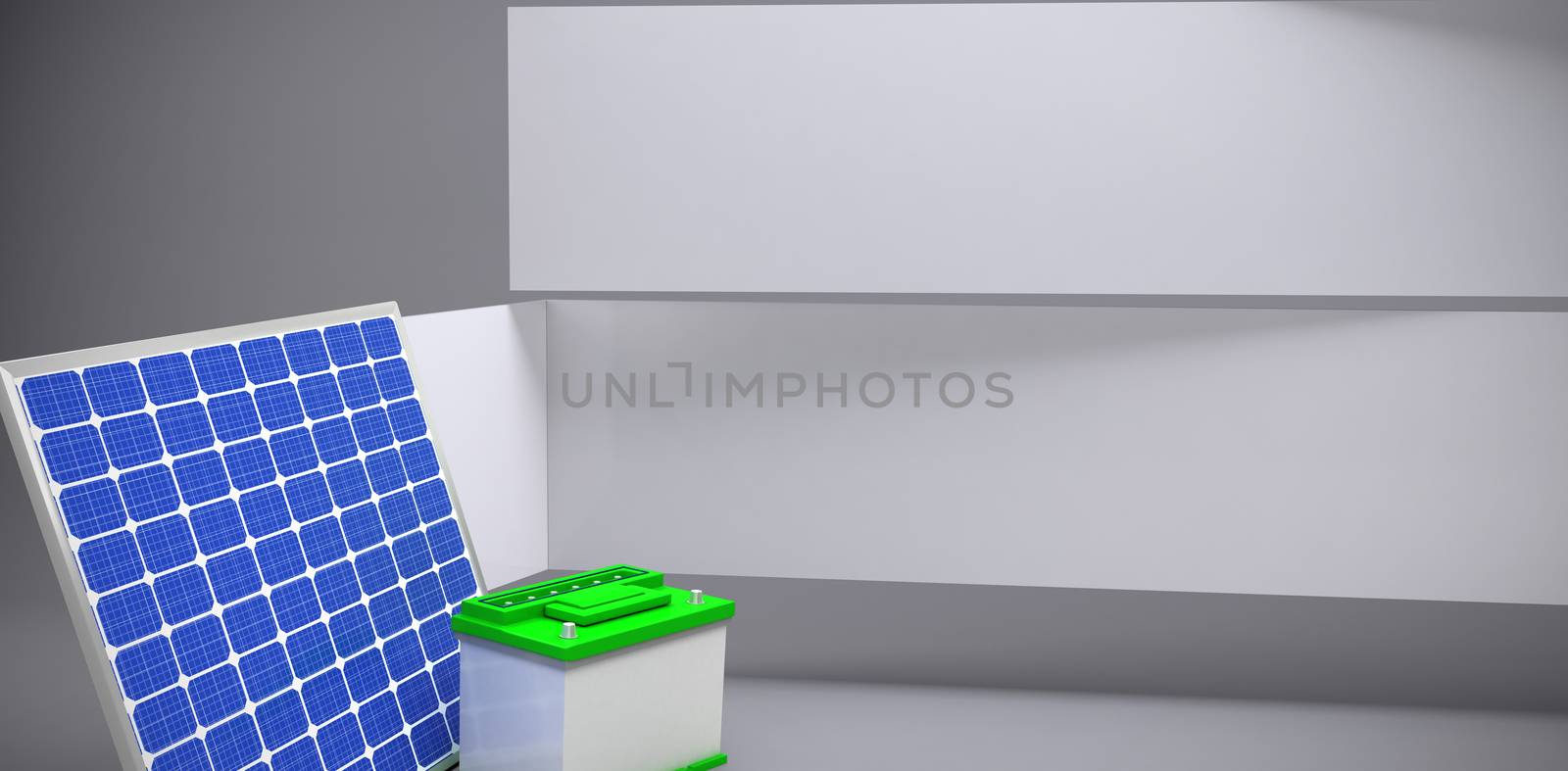 3d image of solar panel with battery  against abstract room