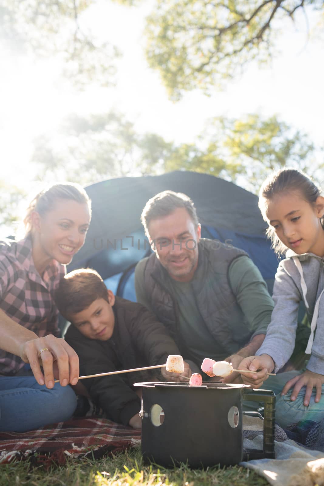 Family roasting marshmallows outside the tent on a sunny day