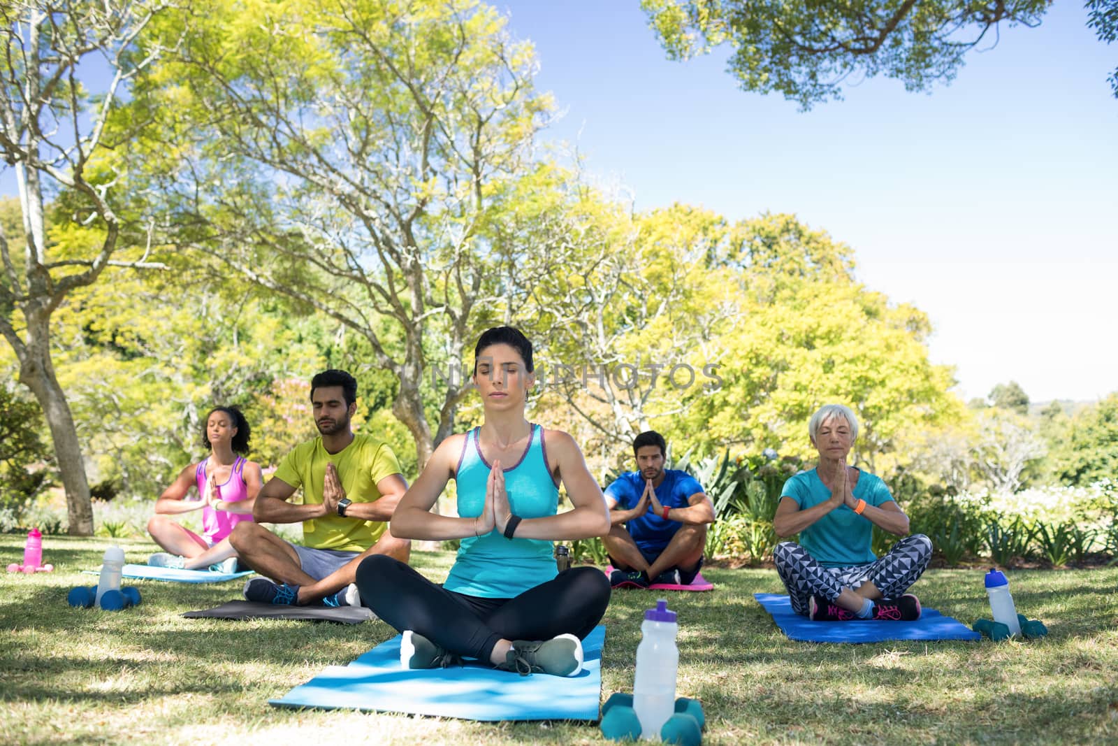 Group of people performing yoga in the park by Wavebreakmedia