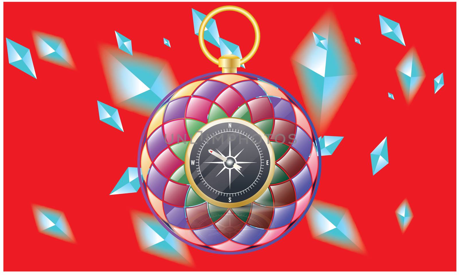 compass in rainbow color on diamonds red background