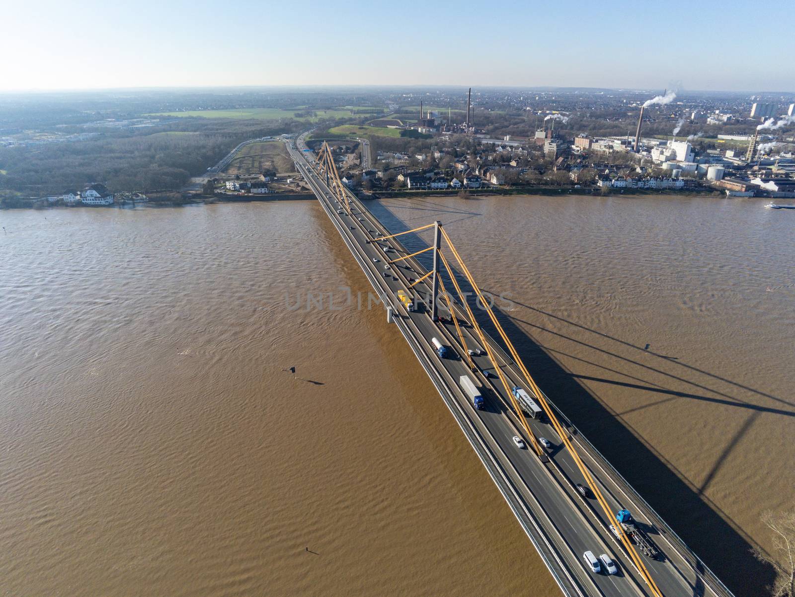 Rhine bridge of the german highway A40 during flood in Duisburg Neuenkamp