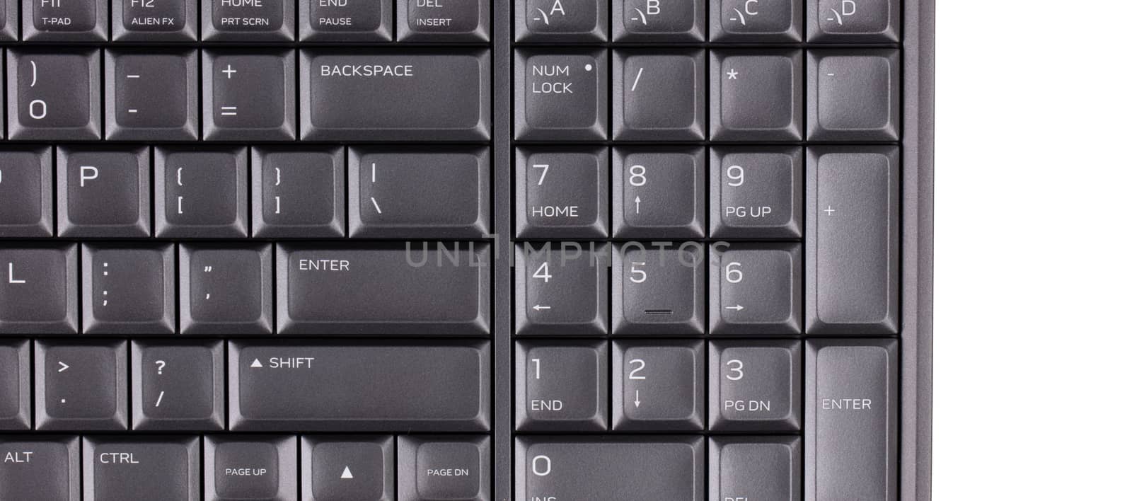 Close up of black computer laptop keyboard, isolated on white
