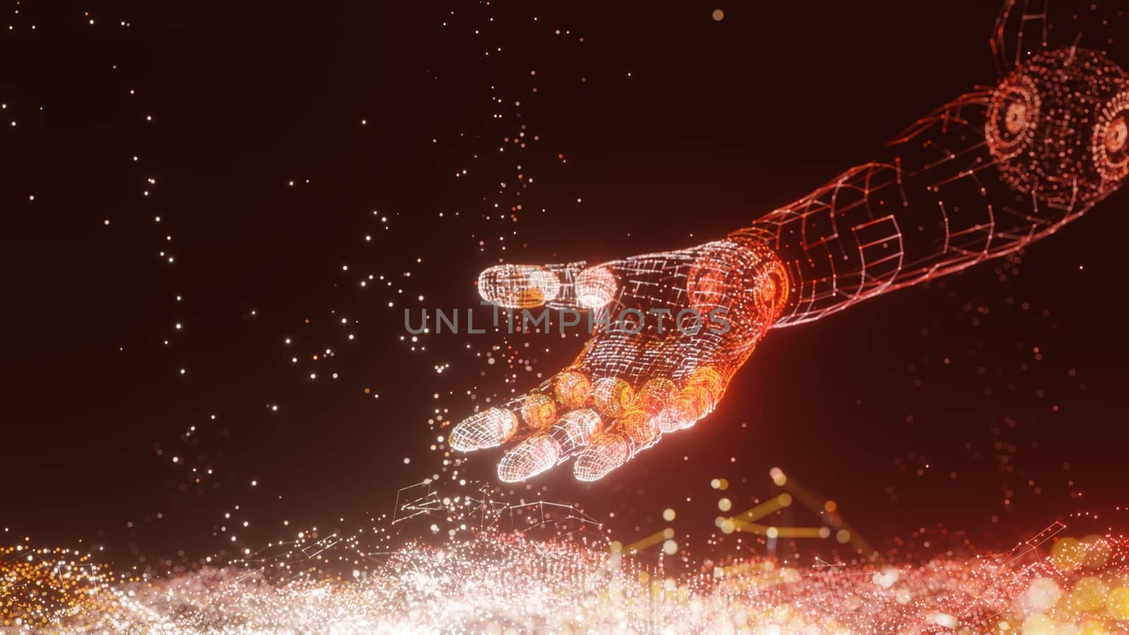 An abstract field of luminous dots and a luminous robot arm. The concept of new technologies. 3D rendering