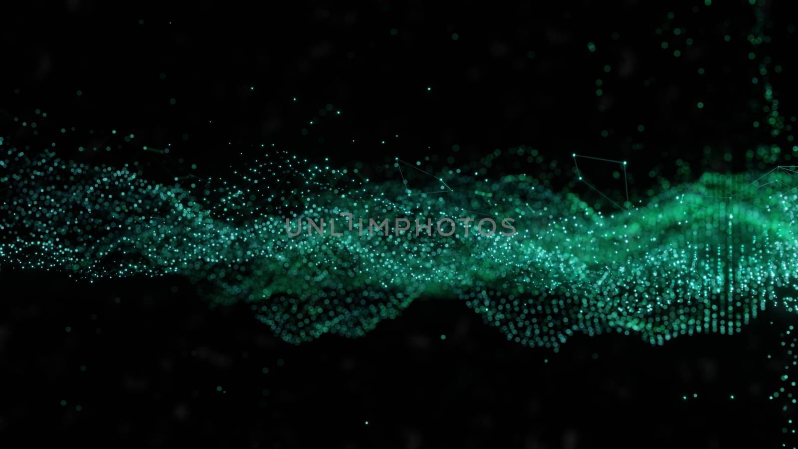 Plexus of abstract glow dots on a black background. Loop animations. 3D illustration