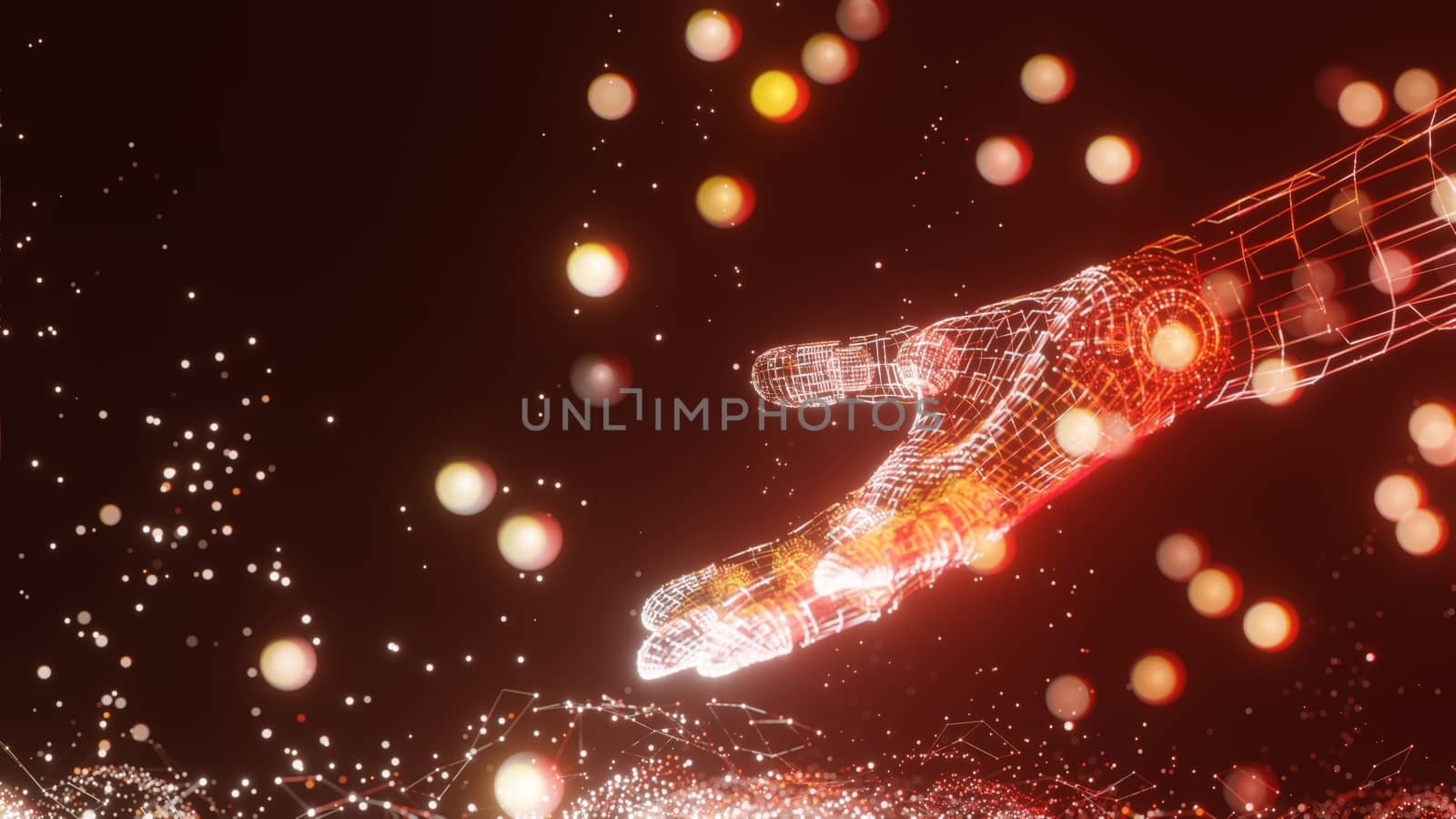 An abstract field of luminous dots and a luminous robot arm. The concept of new technologies. 3D rendering