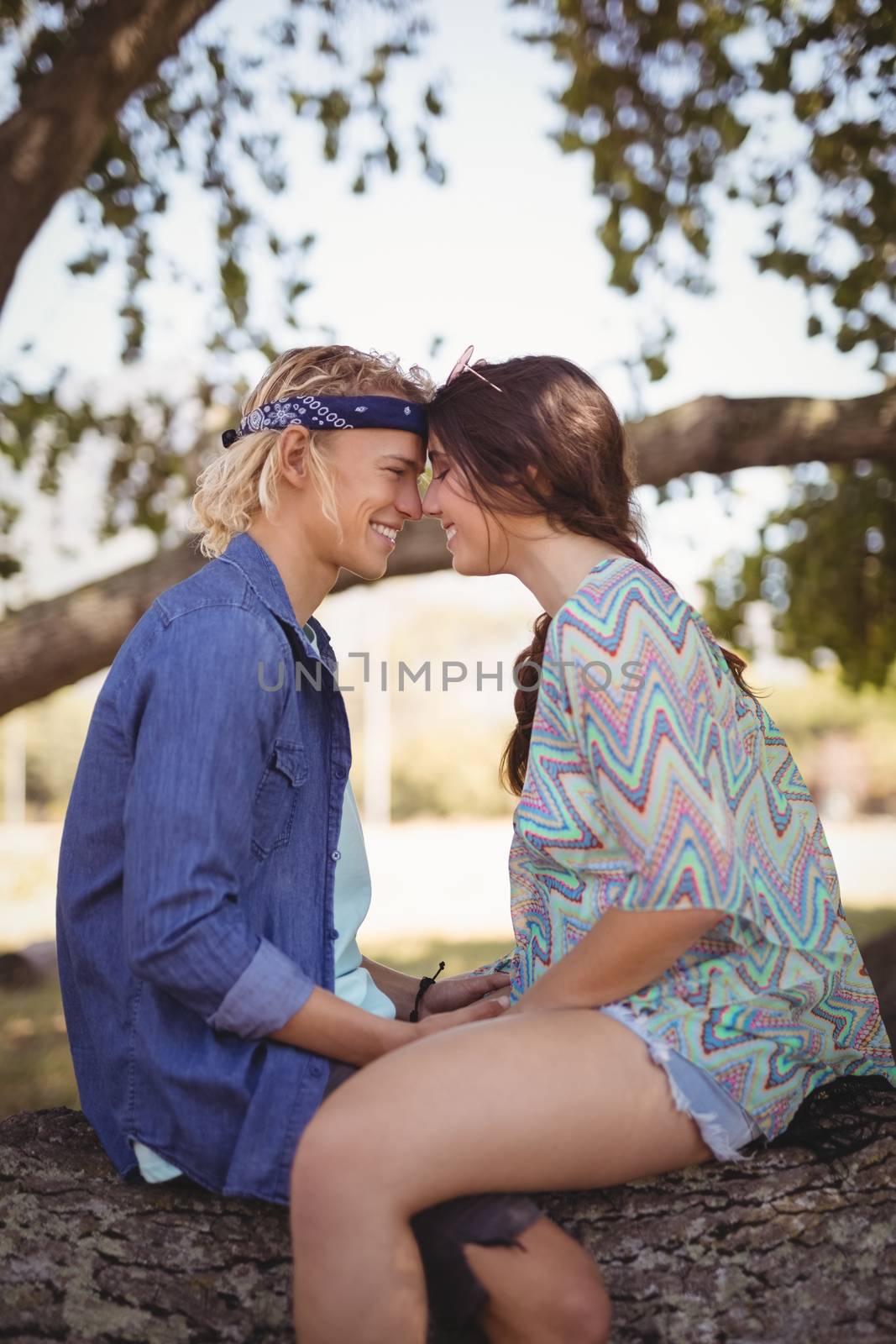 Side view of smiling romantic couple sitting on tree trunk by Wavebreakmedia