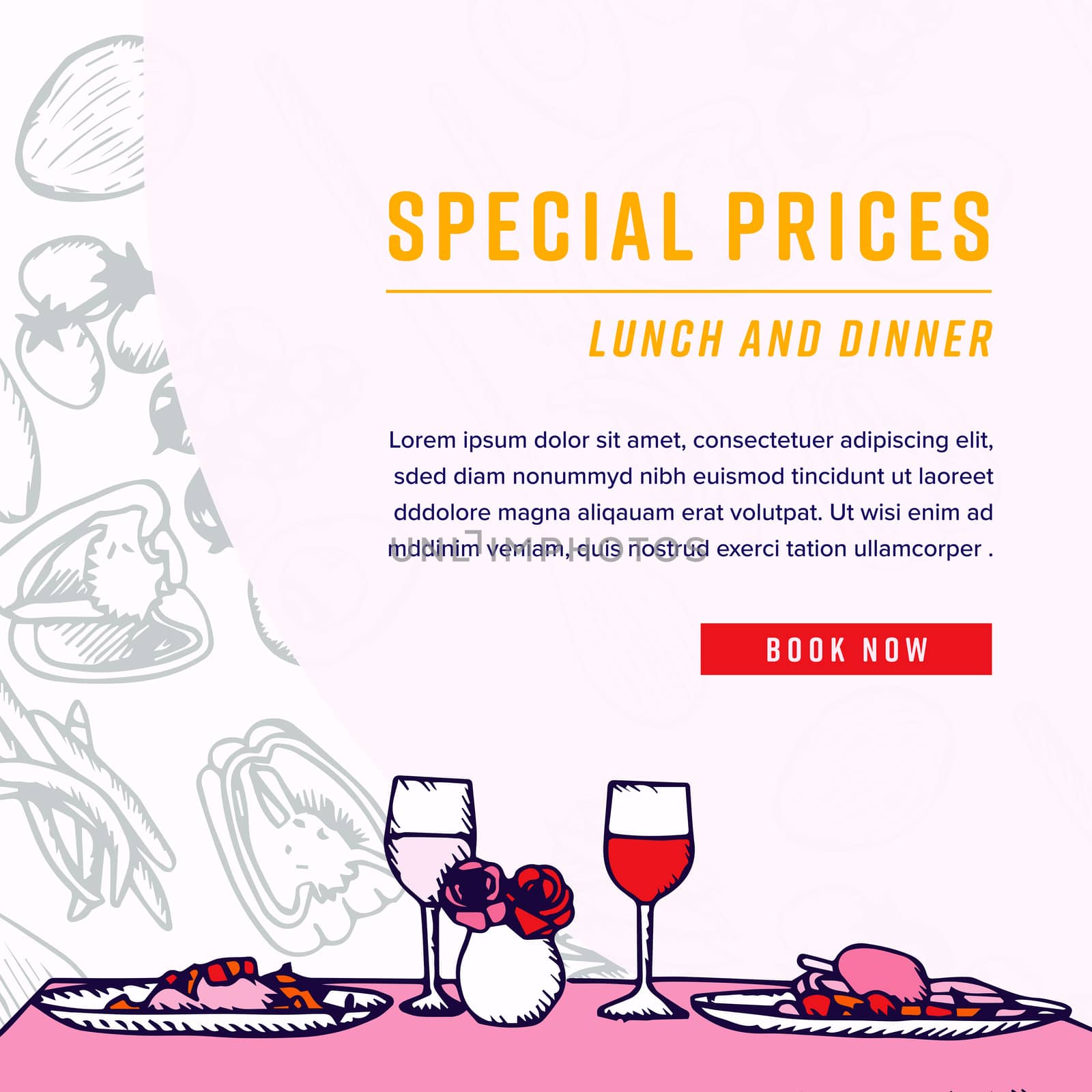 Greeting card with dinner table and special prices text against white background