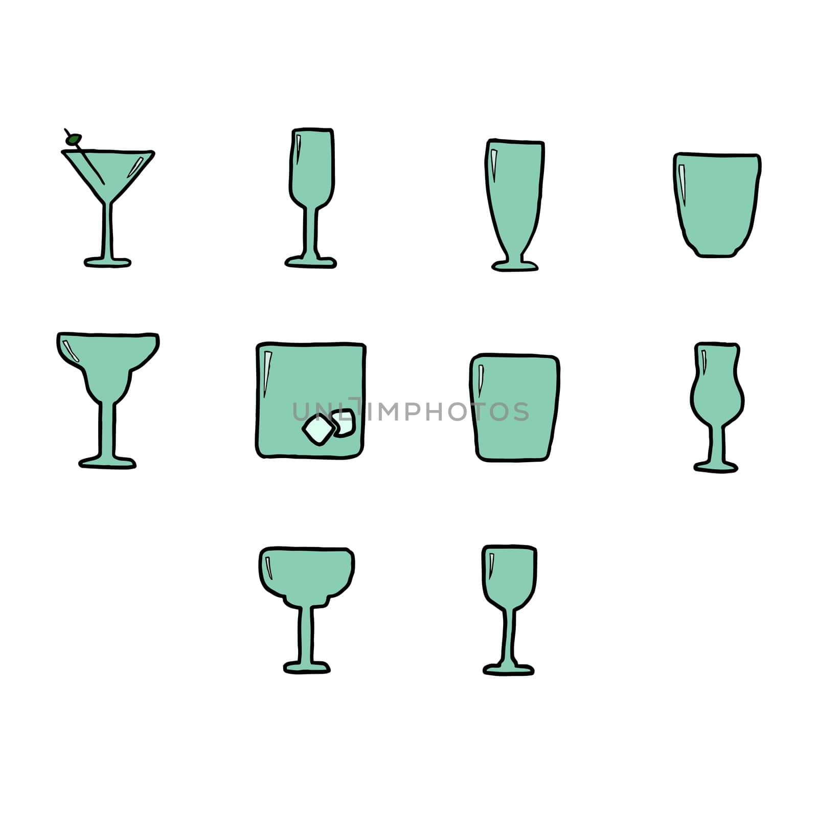 Vector set of various drink glasses against white background