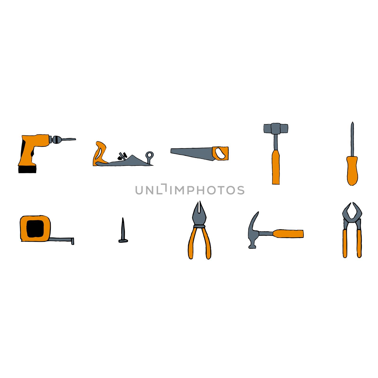 Vector icon set of carpentry tools against white background