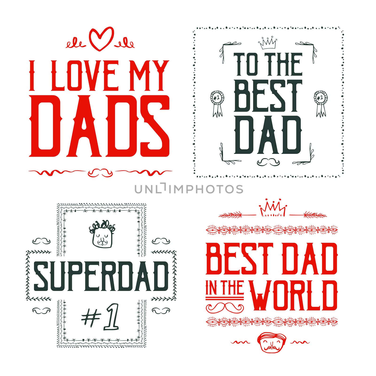 Vector icon set of fathers day greeting card against white background