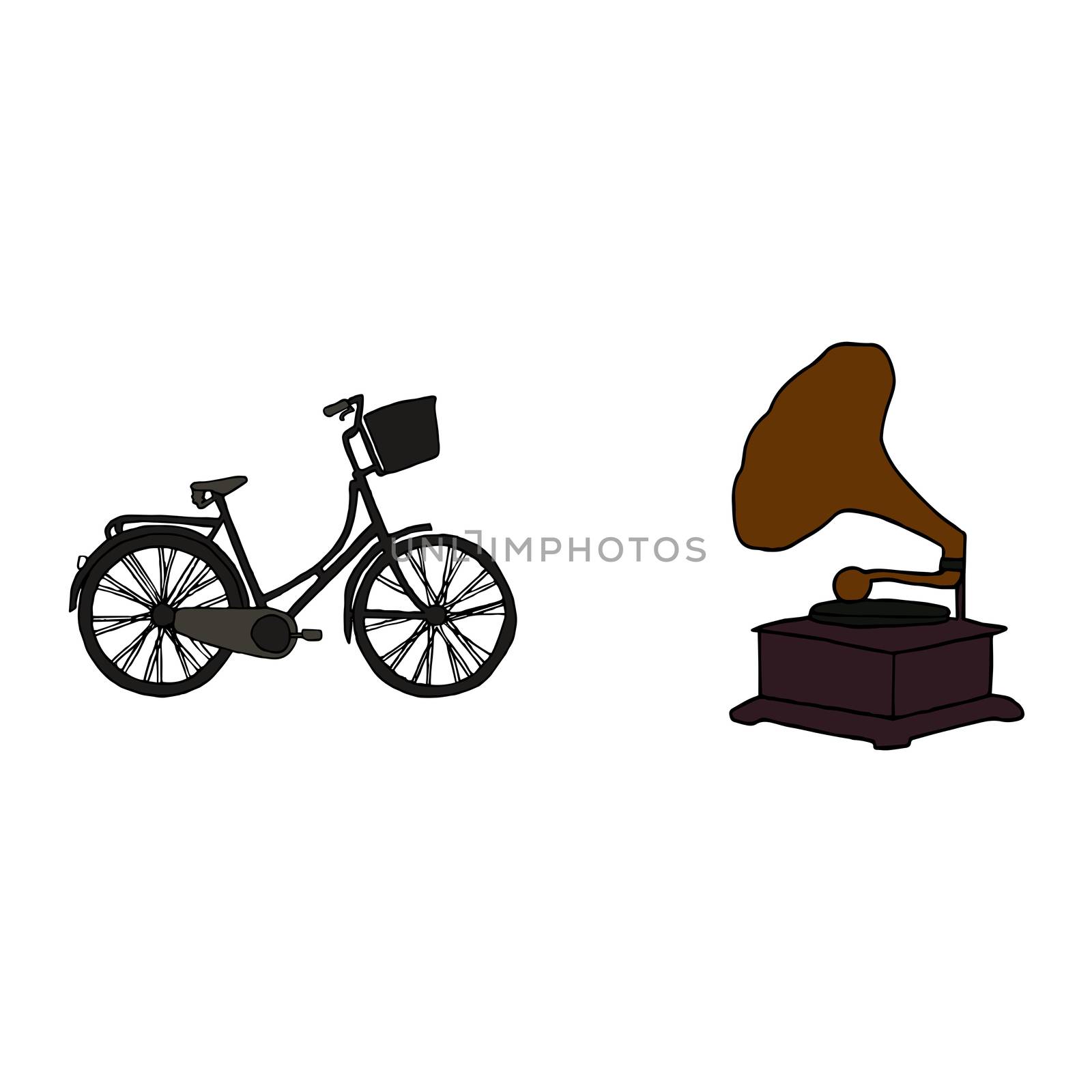 Bicycle with gramophone against white background