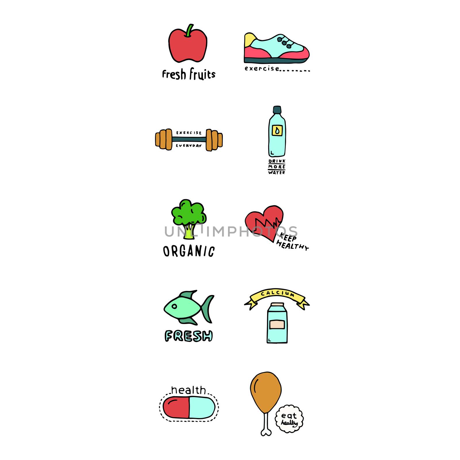 Vector icon set of health and fitness against white background