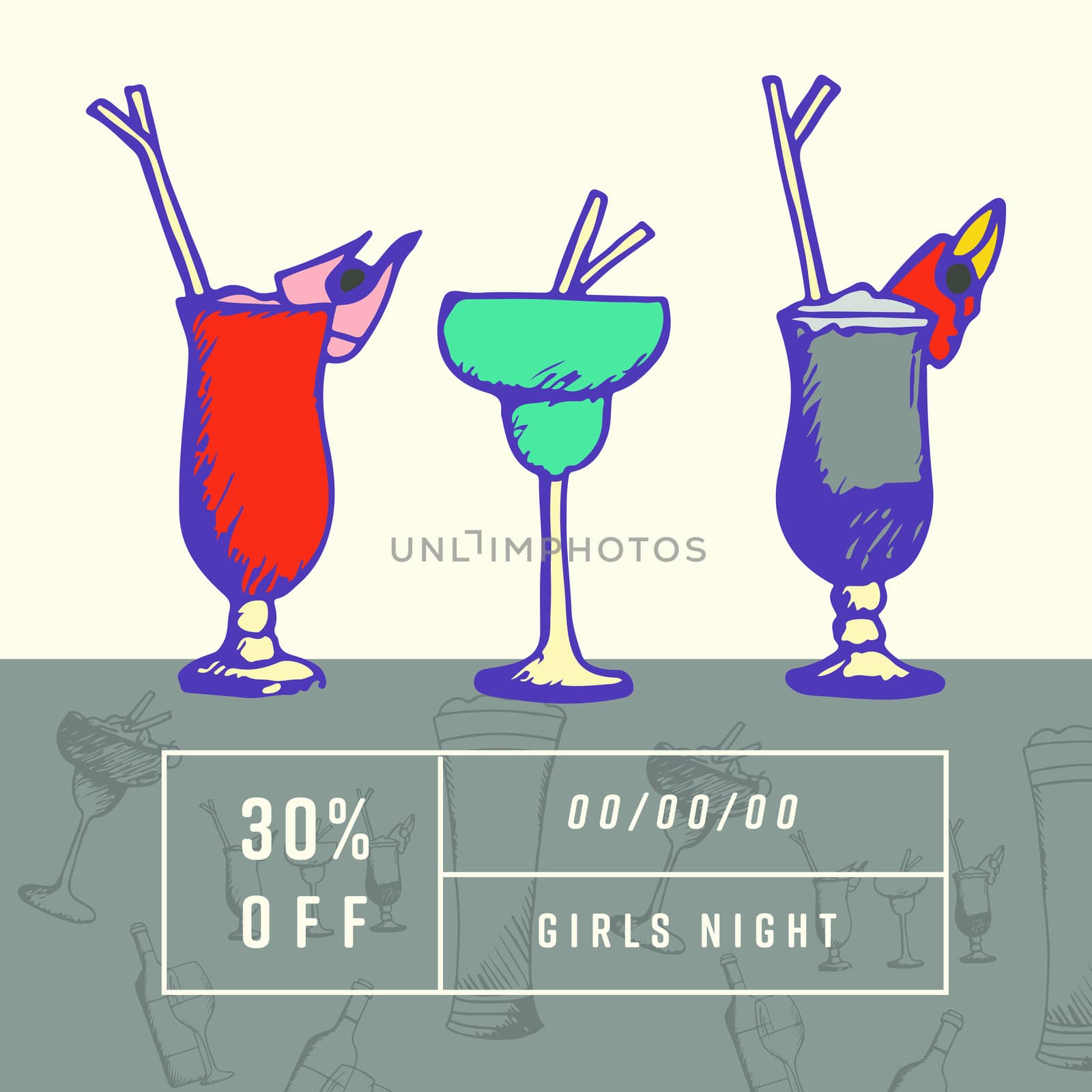 Greeting card with cocktail glasses and girls night text against white background