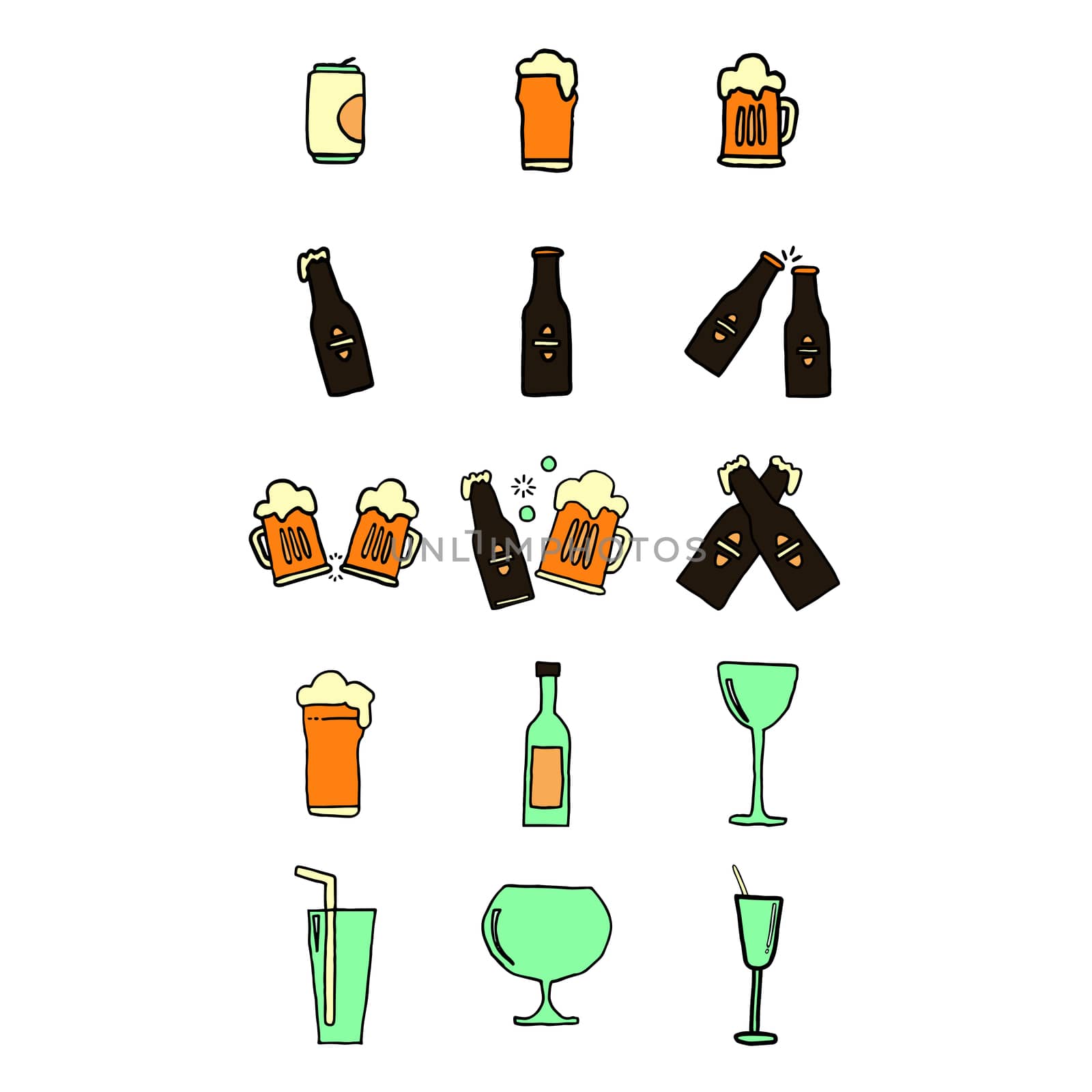 Vector set of various drink glasses against white background