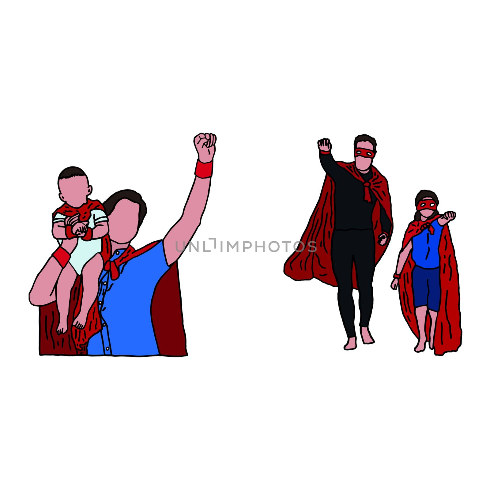 Vector icon set of dad and son in superhero costume against white background