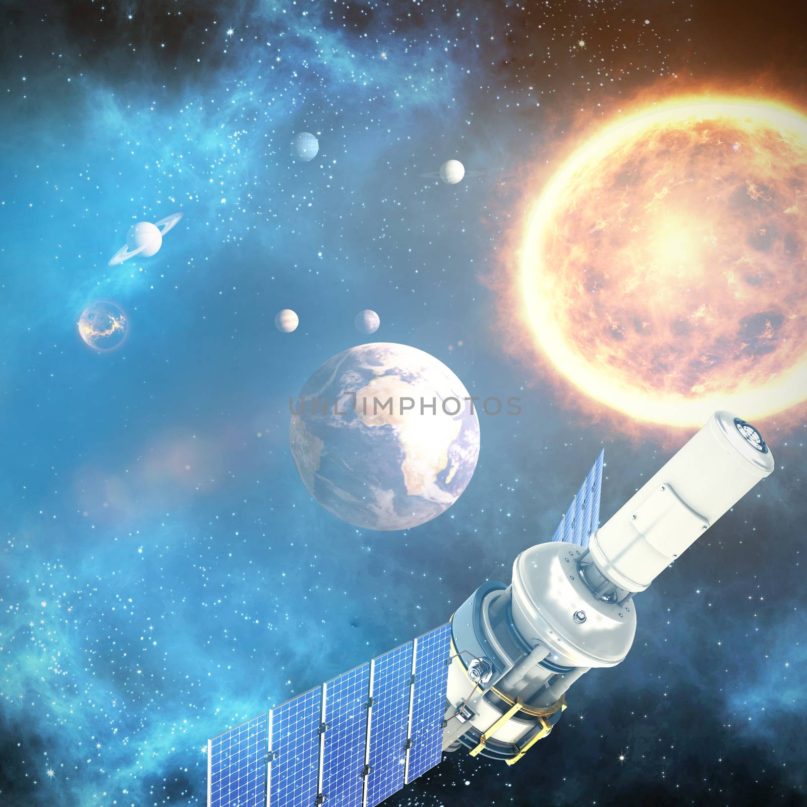 Composite image of low angle view ofÂ 3d modern solar satellite by Wavebreakmedia