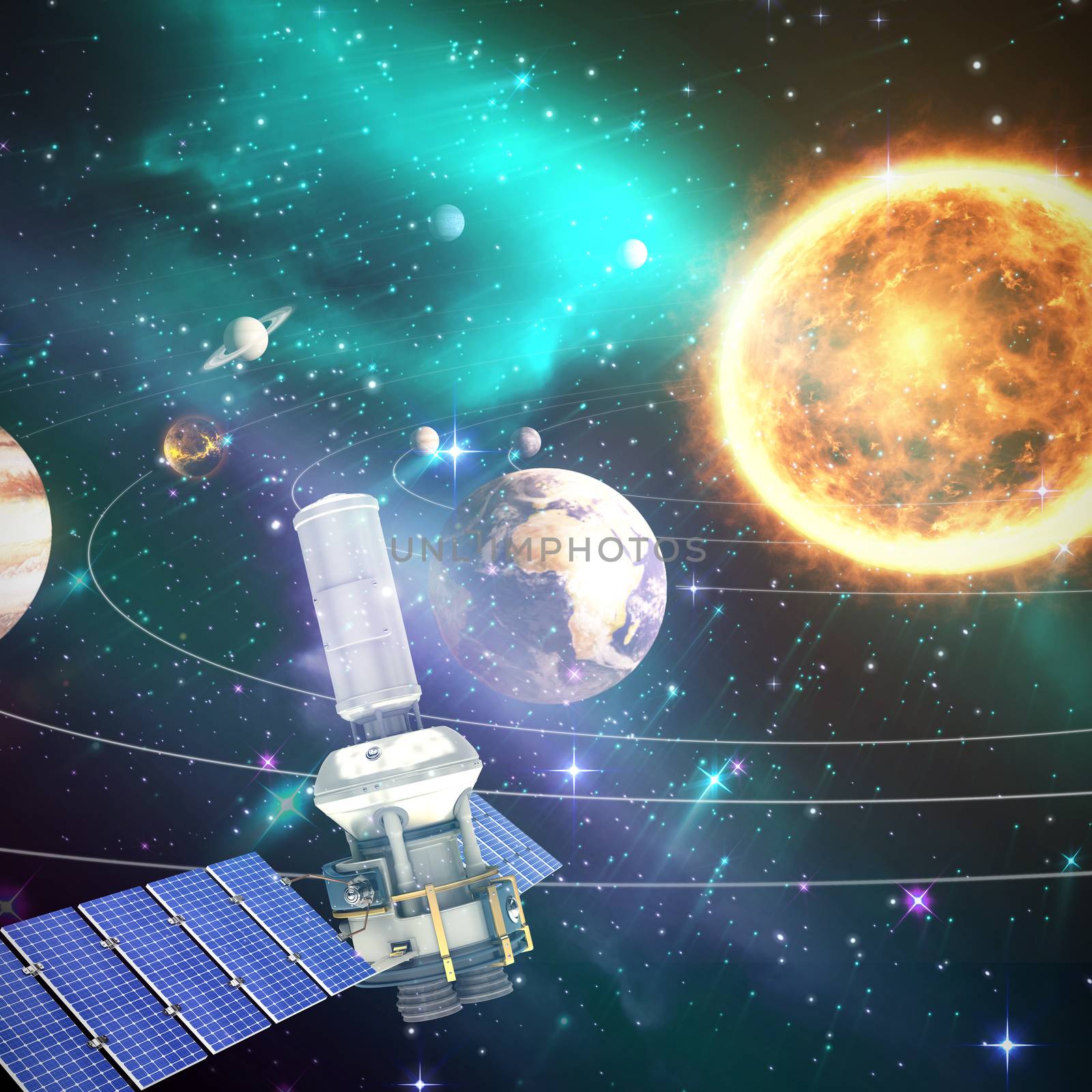 Digitally generated image ofÂ 3d modern solar power satellite against composite image of solar system against white background