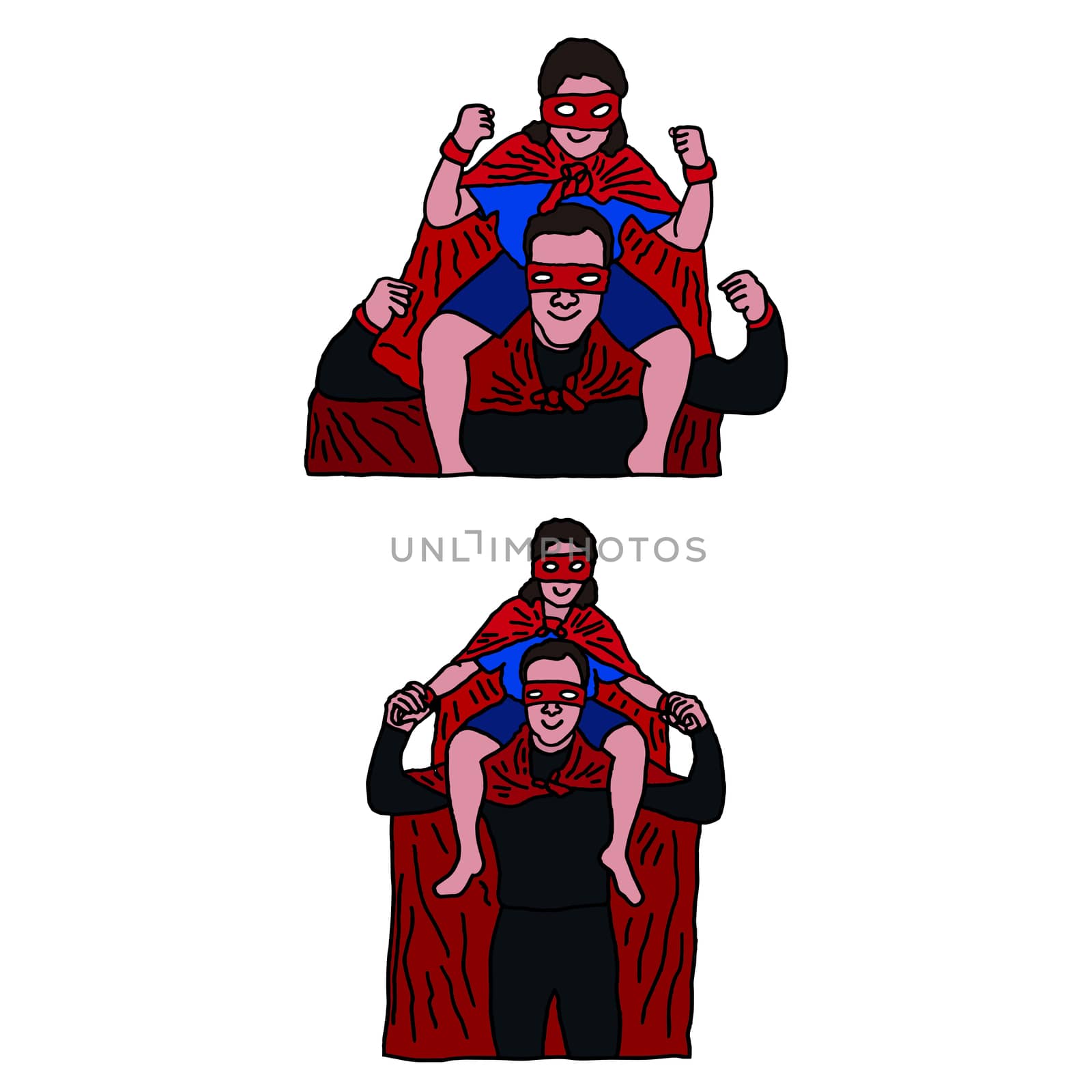 Vector icon set of dad and son in superhero costume against white background