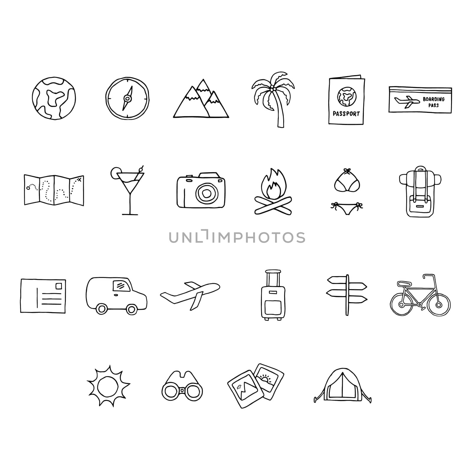 Vector icon set of vacation trip against white background