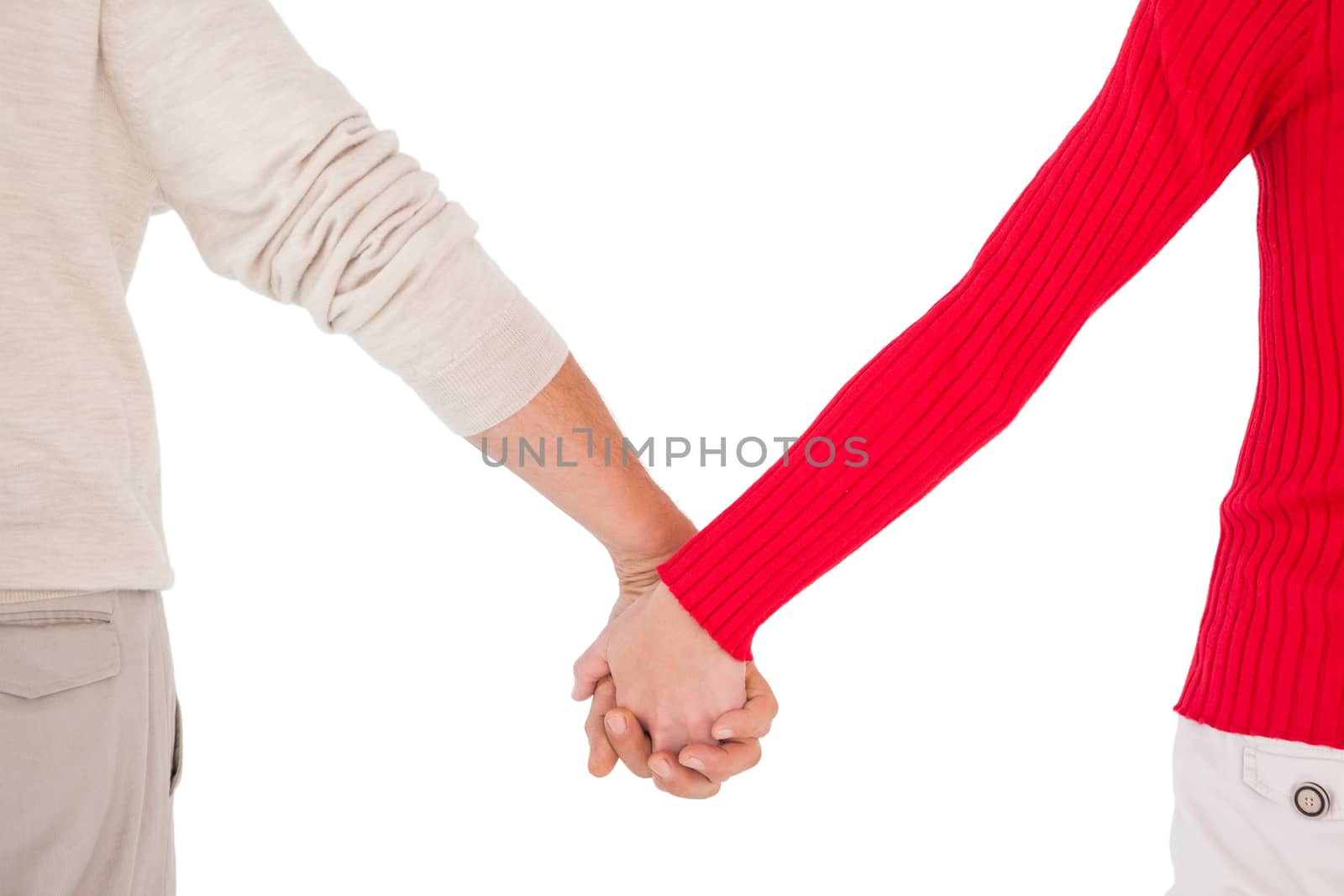 Couple holding hands rear view on white background