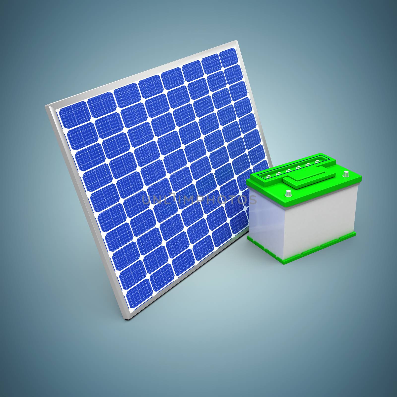 3d illustration of solar panel with battery against grey vignette