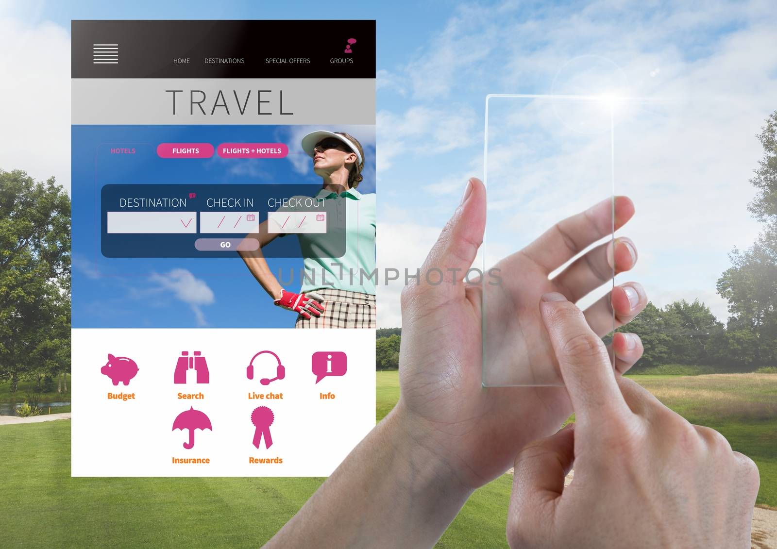 Hand Touching Glass Tablet and Holiday travel break App Interface with golf by Wavebreakmedia