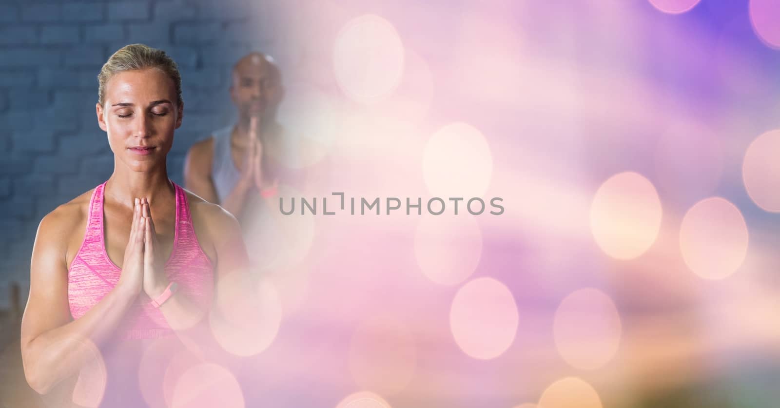 Woman doing yoga in gym and purple transition by Wavebreakmedia