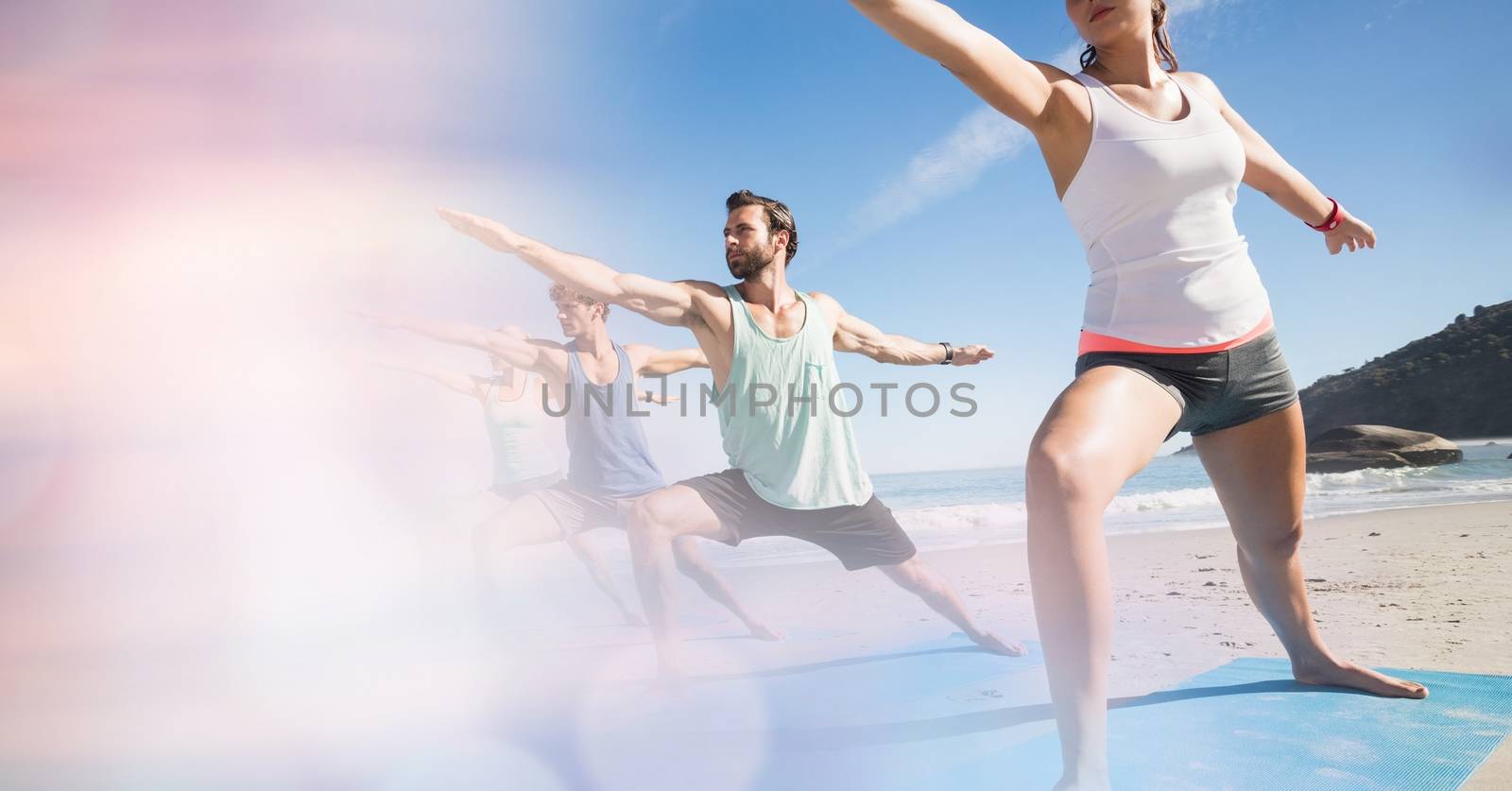 Digital composite of People exercising at beach
