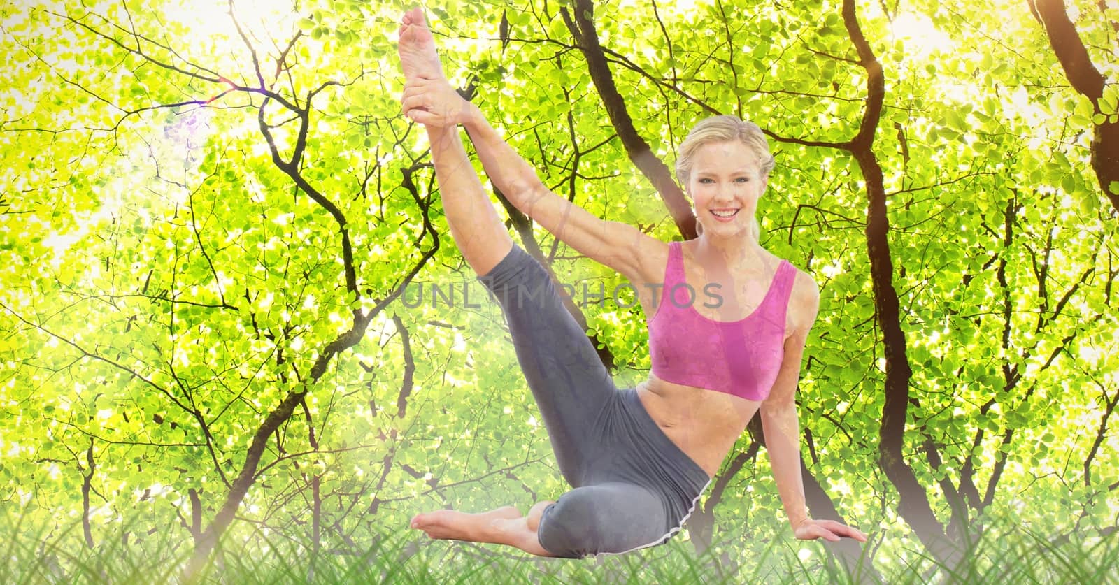 Digital composite of Double exposure of woman performing yoga in forest